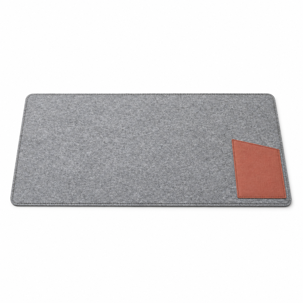 Sous-main en feutre avec poche latérale oblique, gris et terracotta — 75 × 40 cm