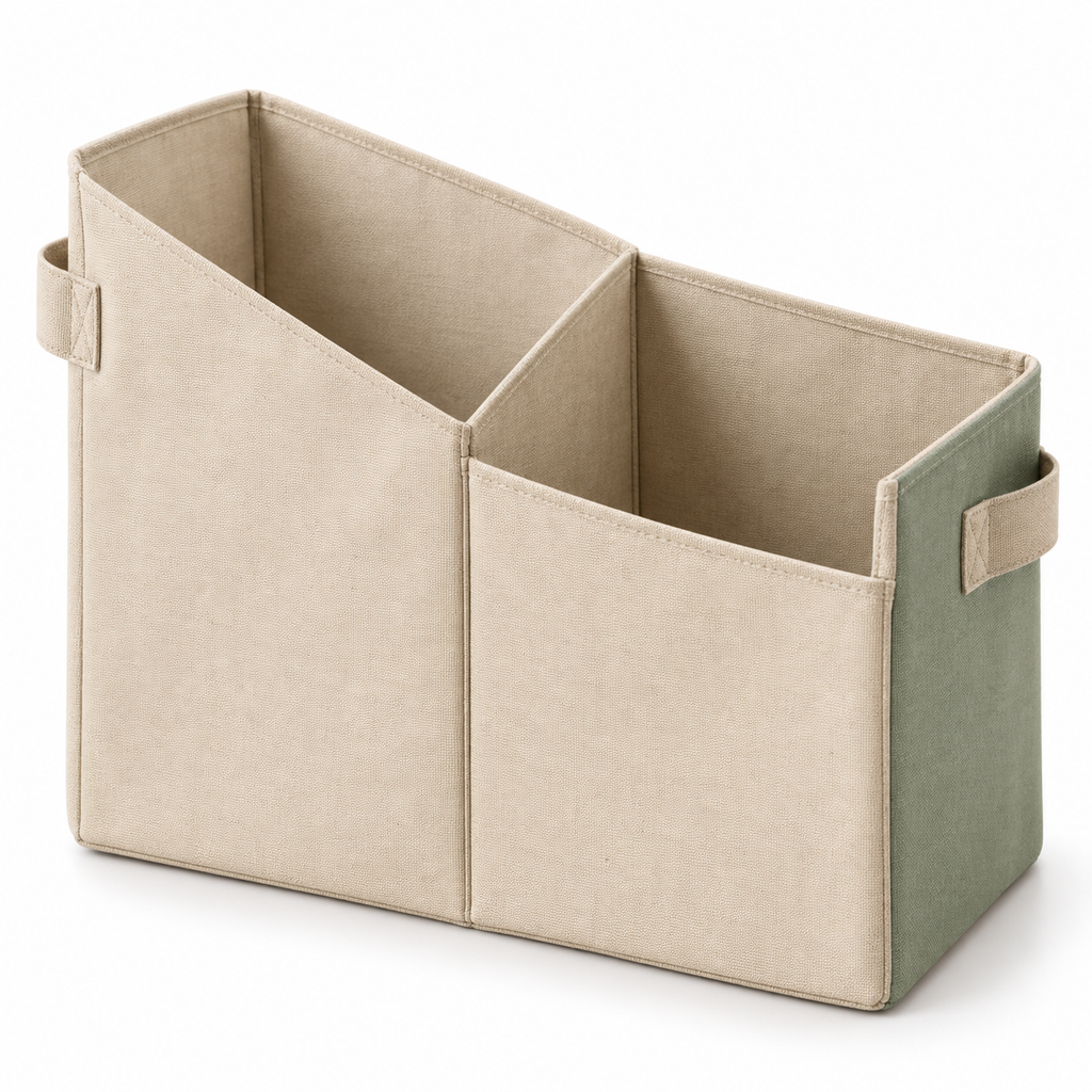 Range-revues à deux poches asymétriques en toile, beige et sauge — 36 × 18 × 30 cm