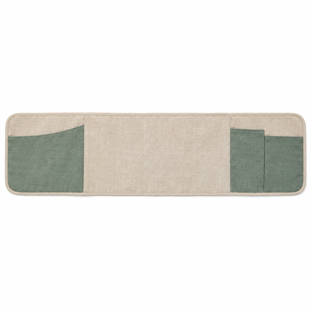 Rangement textile à poser sur accoudoir, trois poches, beige et sauge — 85 × 35 cm