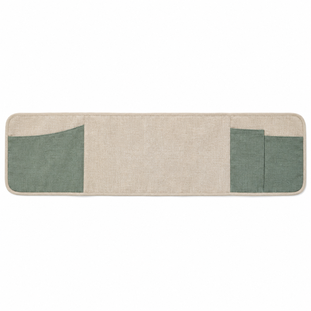 Rangement textile à poser sur accoudoir, trois poches, beige et sauge — 85 × 35 cm