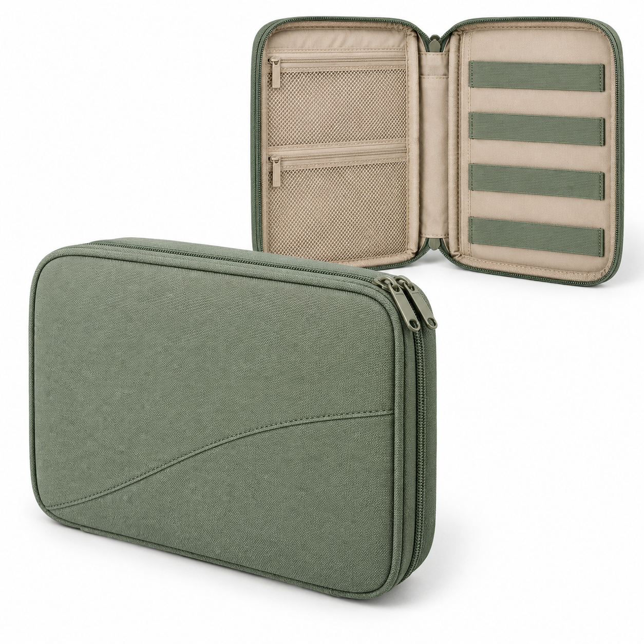 Pochette de rangement à ouverture portefeuille pour câbles et accessoires, sauge