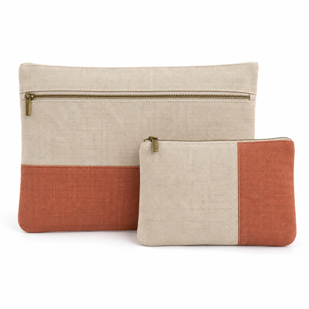 Lot de 2 pochettes textiles à ouvertures distinctes, beige et terracotta