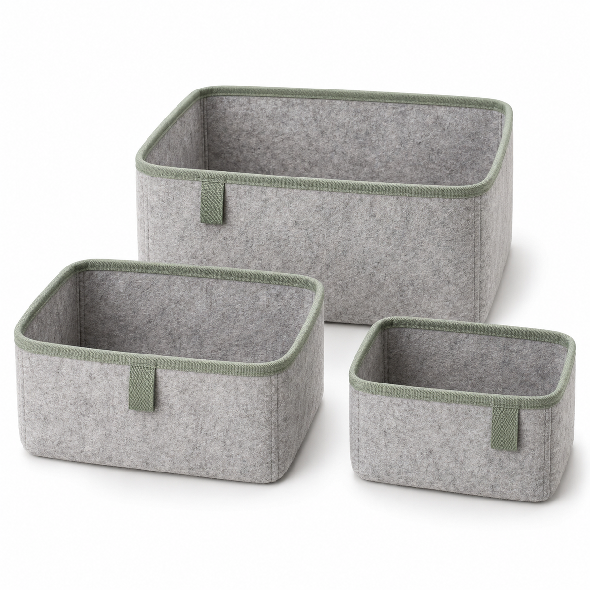 Lot de 3 boîtes de rangement en feutre à languettes décalées, gris et sauge