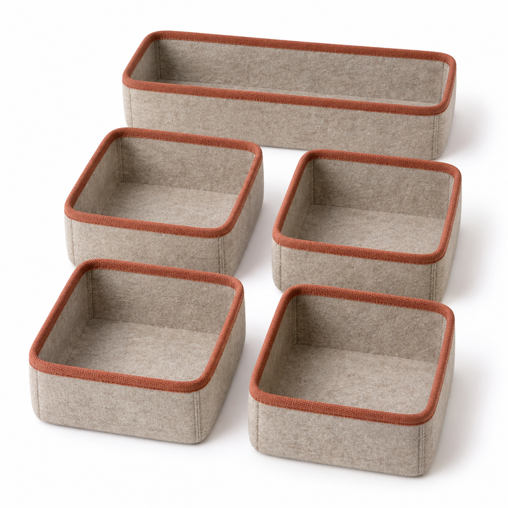 Lot de 5 organisateurs de tiroir en feutre, beige à bordure terracotta