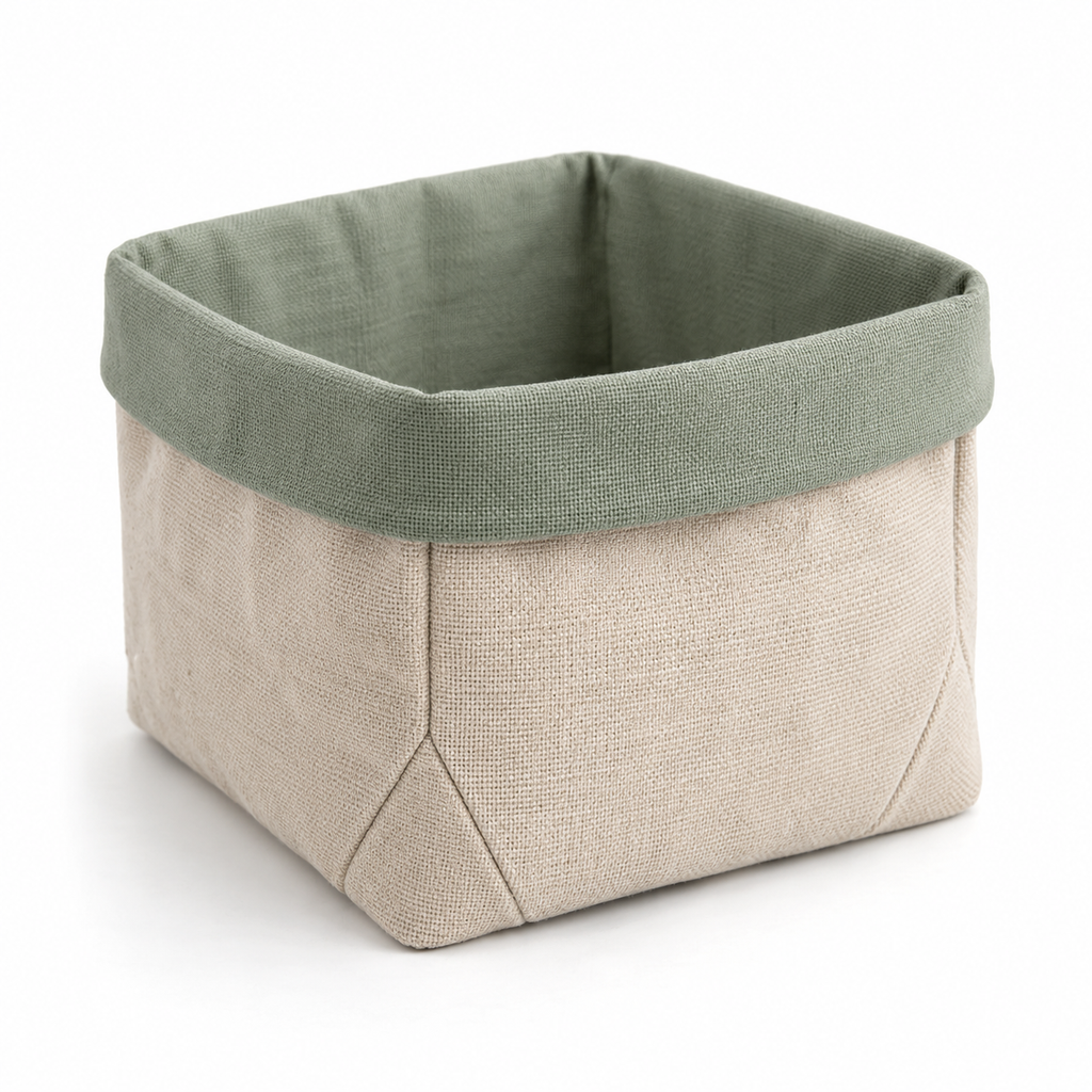 Corbeille souple en coton à coins pliés et revers contrasté, beige et sauge