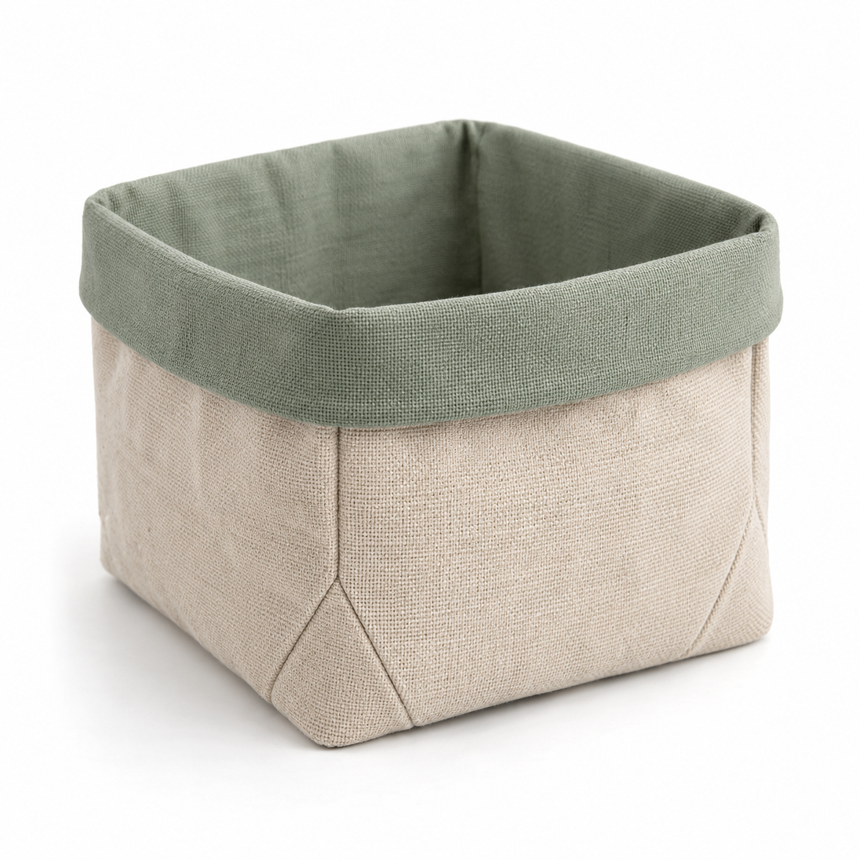Corbeille souple en coton à coins pliés et revers contrasté, beige et sauge