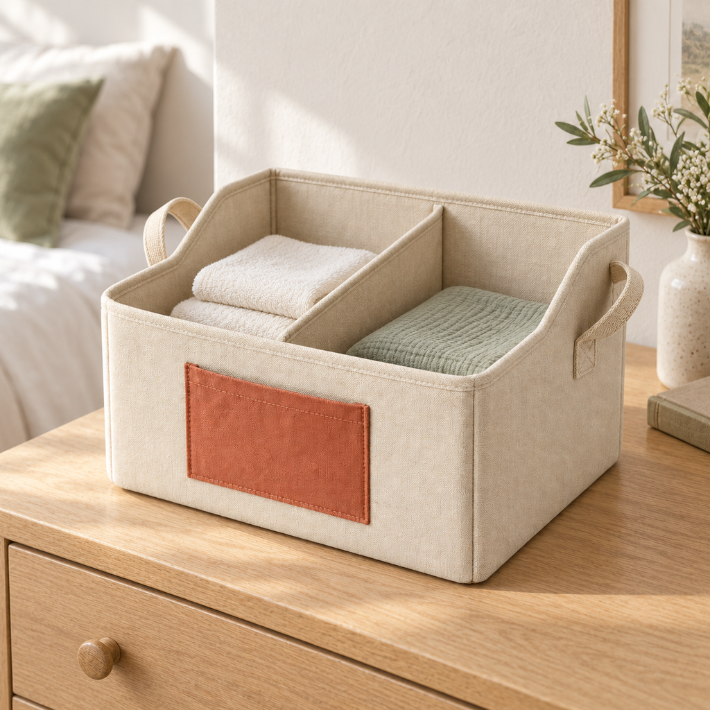 Panier de rangement à séparation amovible, beige et terracotta — 34 × 24 × 22 cm