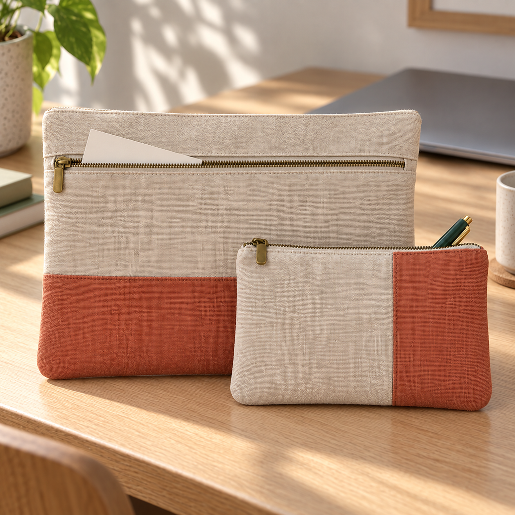 Lot de 2 pochettes textiles à ouvertures distinctes, beige et terracotta
