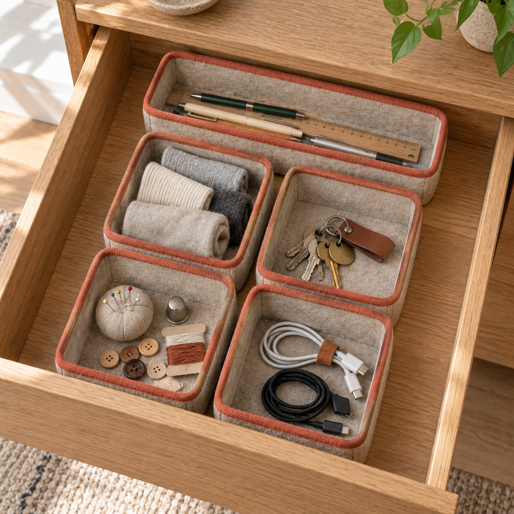 Lot de 5 organisateurs de tiroir en feutre, beige à bordure terracotta