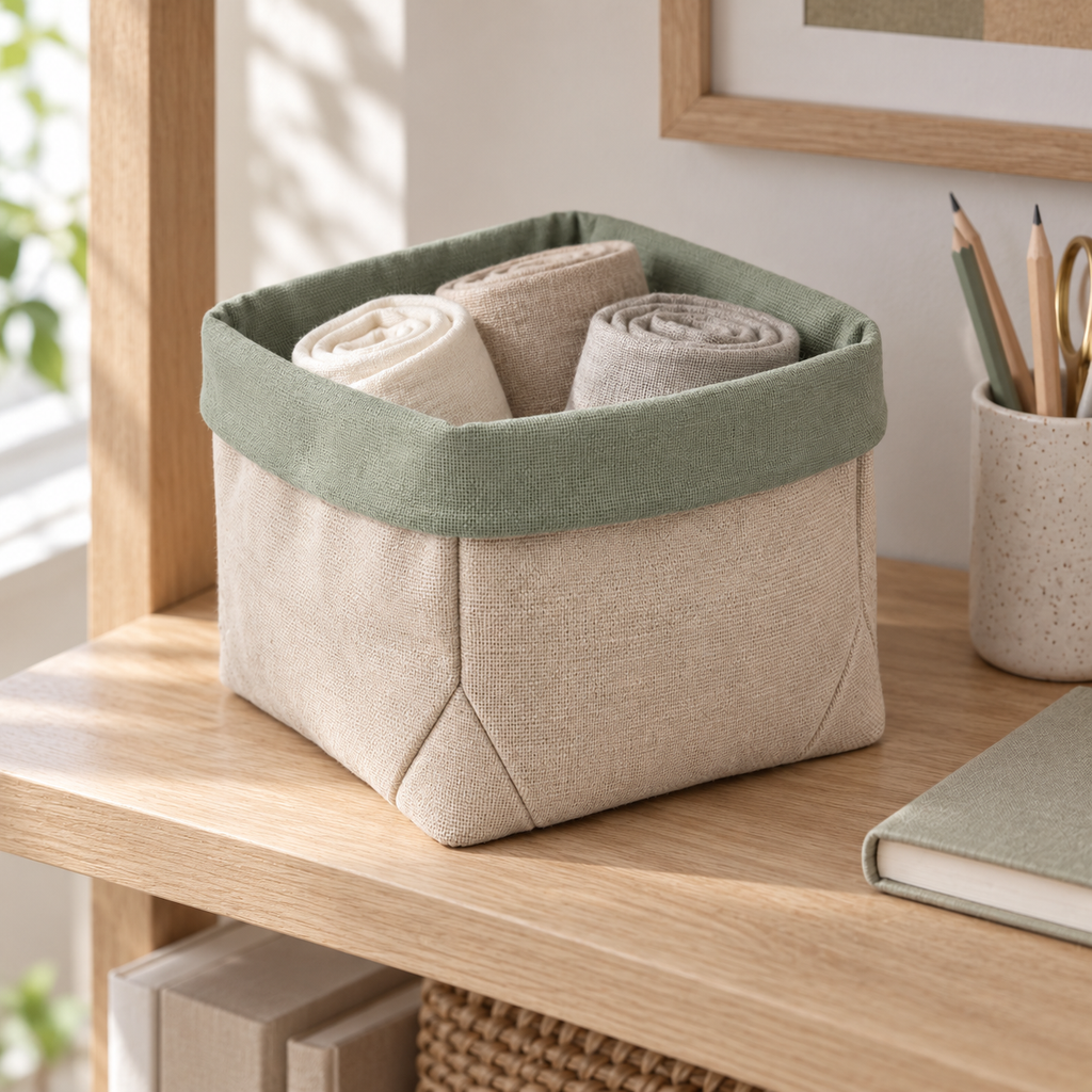 Corbeille souple en coton à coins pliés et revers contrasté, beige et sauge