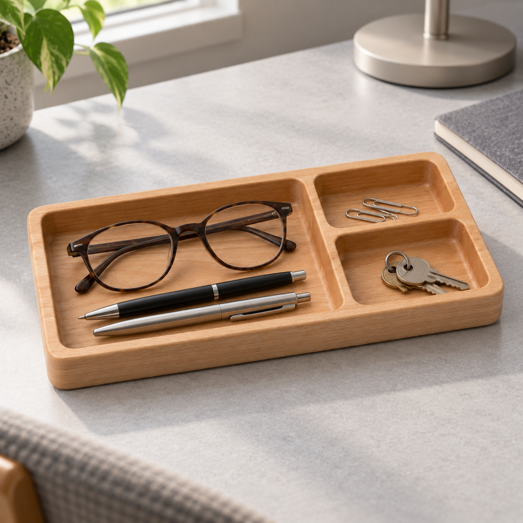 Vide-poche de bureau en bois à trois compartiments inégaux — 30 × 16 cm