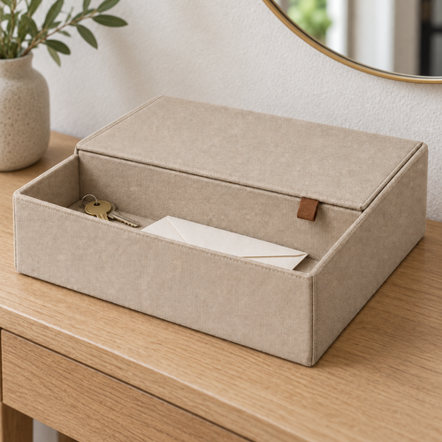 Boîte de rangement à couvercle partiel et compartiment ouvert, sable — 28 × 20 × 12 cm