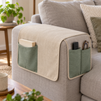 Rangement textile à poser sur accoudoir, trois poches, beige et sauge — 85 × 35 cm