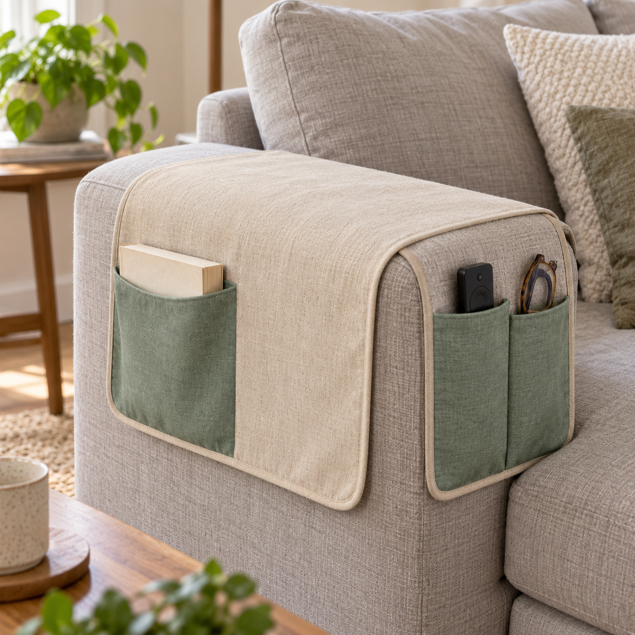 Rangement textile à poser sur accoudoir, trois poches, beige et sauge — 85 × 35 cm