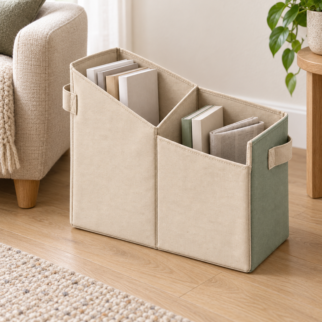 Range-revues à deux poches asymétriques en toile, beige et sauge — 36 × 18 × 30 cm