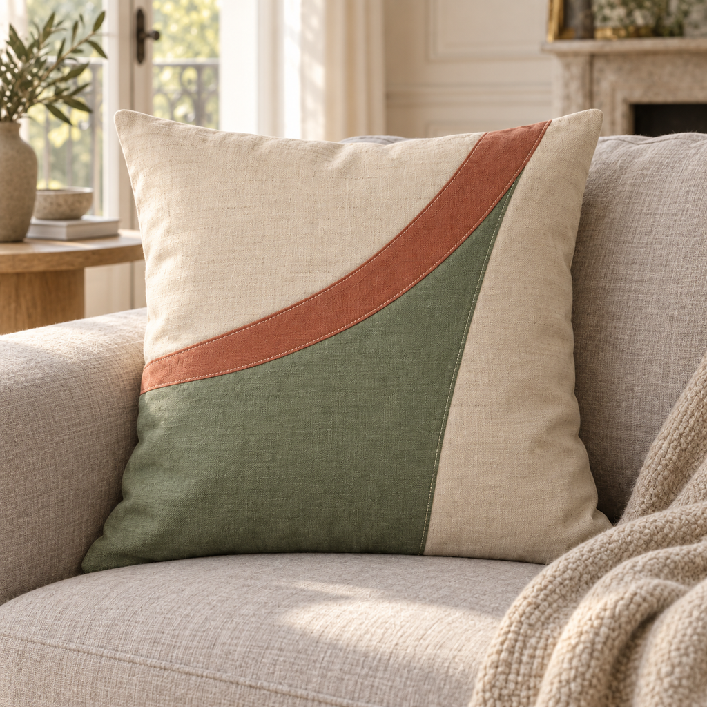 Housse de coussin à empiècement courbe, beige, sauge et terracotta — 45 × 45 cm
