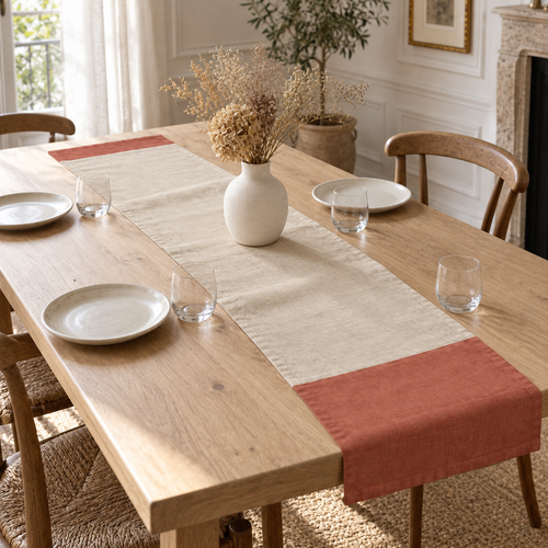 Chemin de table en coton à bandes asymétriques, beige et terracotta — 160 × 35 cm