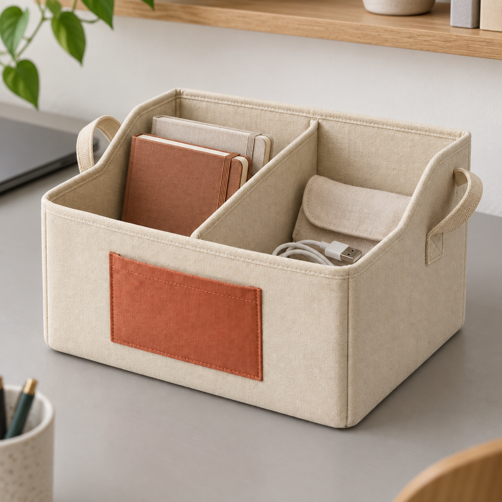 Panier de rangement à séparation amovible, beige et terracotta — 34 × 24 × 22 cm