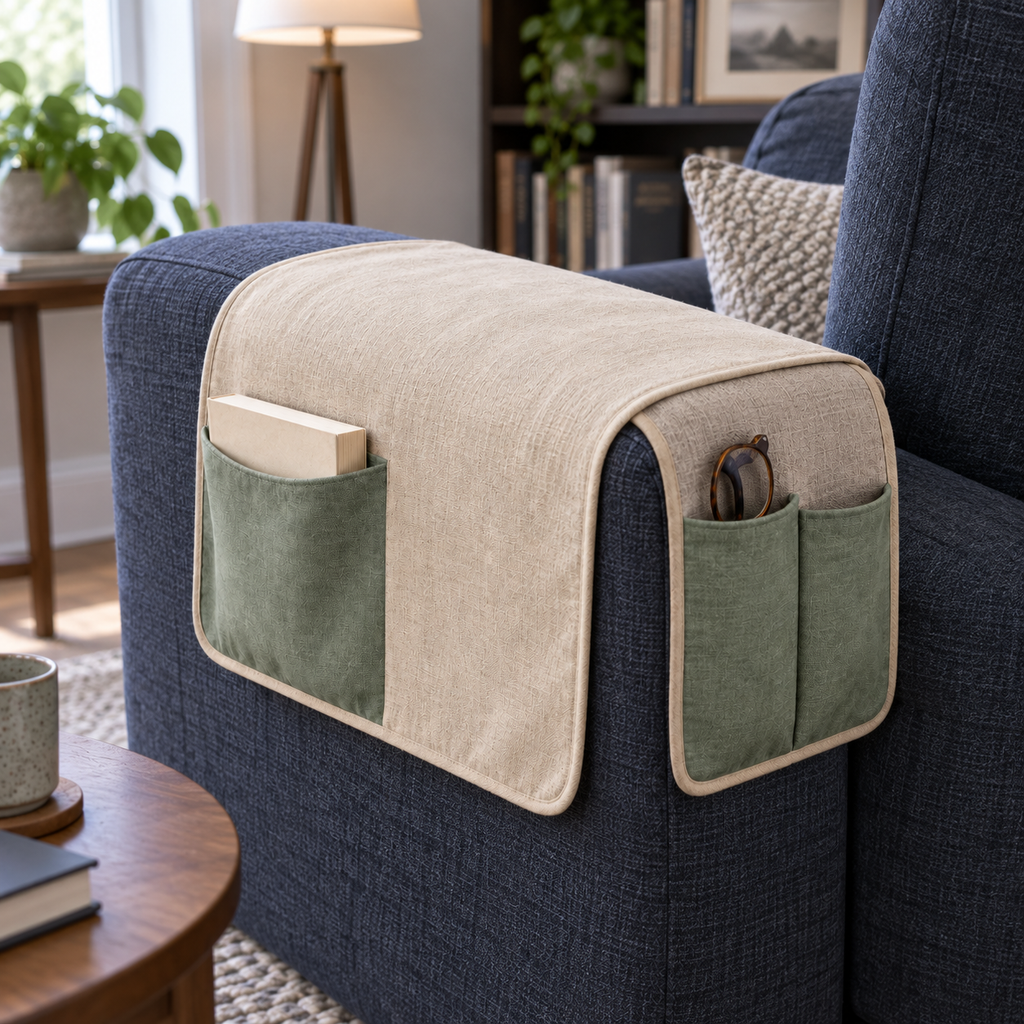 Rangement textile à poser sur accoudoir, trois poches, beige et sauge — 85 × 35 cm
