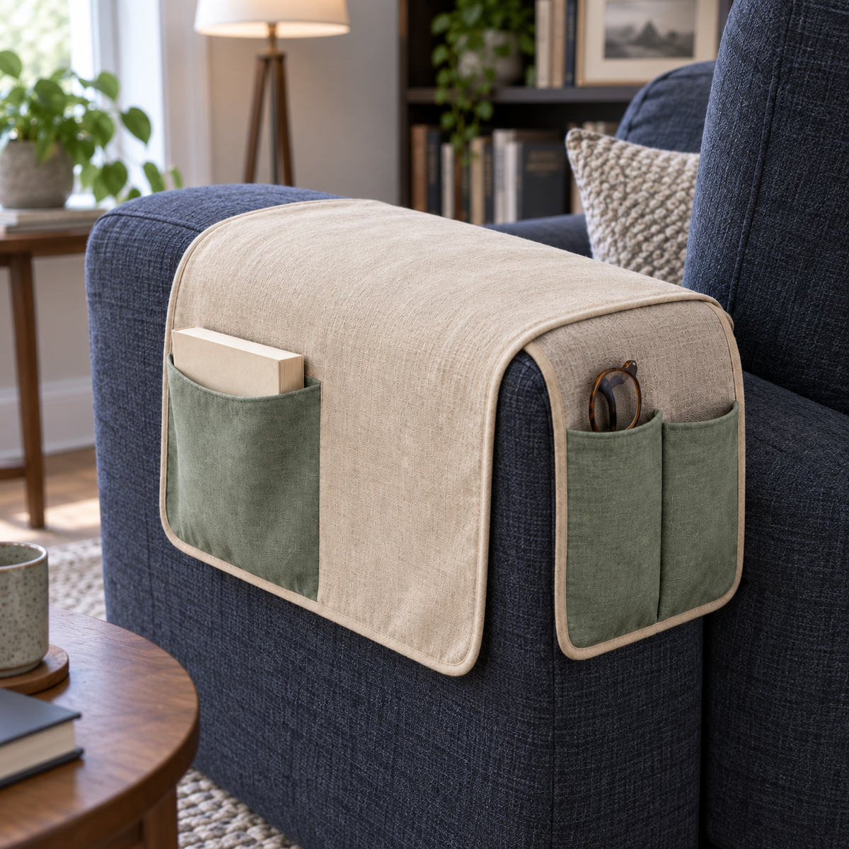 Rangement textile à poser sur accoudoir, trois poches, beige et sauge — 85 × 35 cm