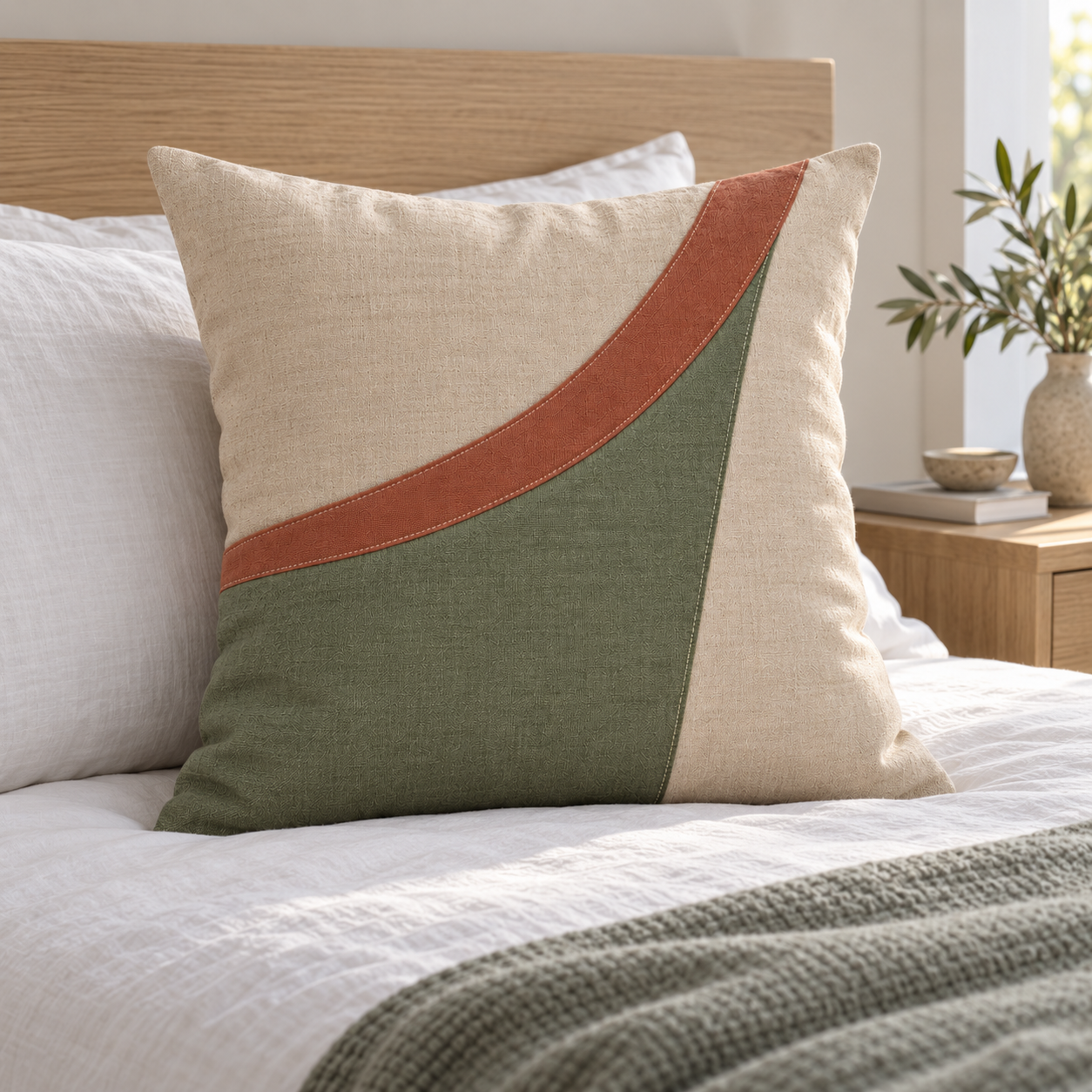 Housse de coussin à empiècement courbe, beige, sauge et terracotta — 45 × 45 cm