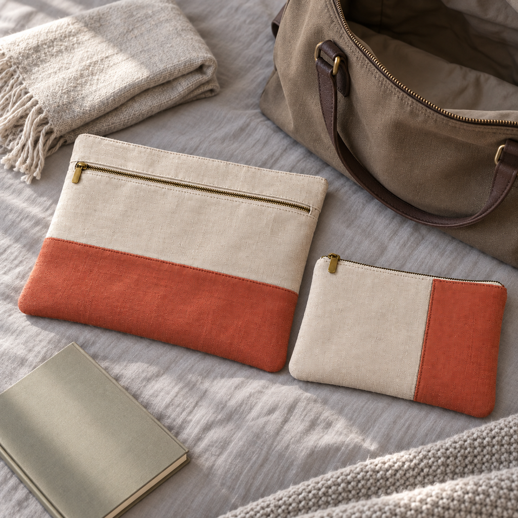 Lot de 2 pochettes textiles à ouvertures distinctes, beige et terracotta
