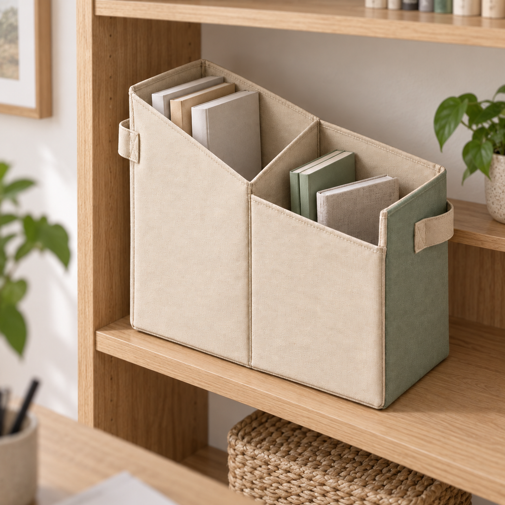 Range-revues à deux poches asymétriques en toile, beige et sauge — 36 × 18 × 30 cm