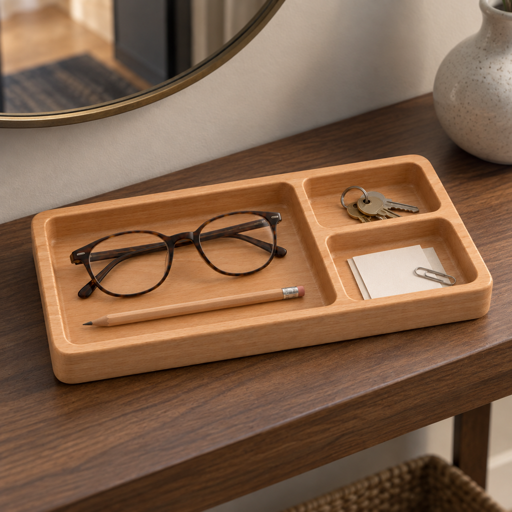 Vide-poche de bureau en bois à trois compartiments inégaux — 30 × 16 cm