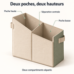 Range-revues à deux poches asymétriques en toile, beige et sauge — 36 × 18 × 30 cm