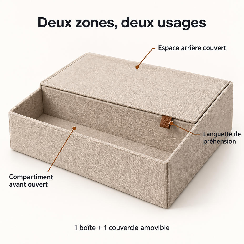 Boîte de rangement à couvercle partiel et compartiment ouvert, sable — 28 × 20 × 12 cm