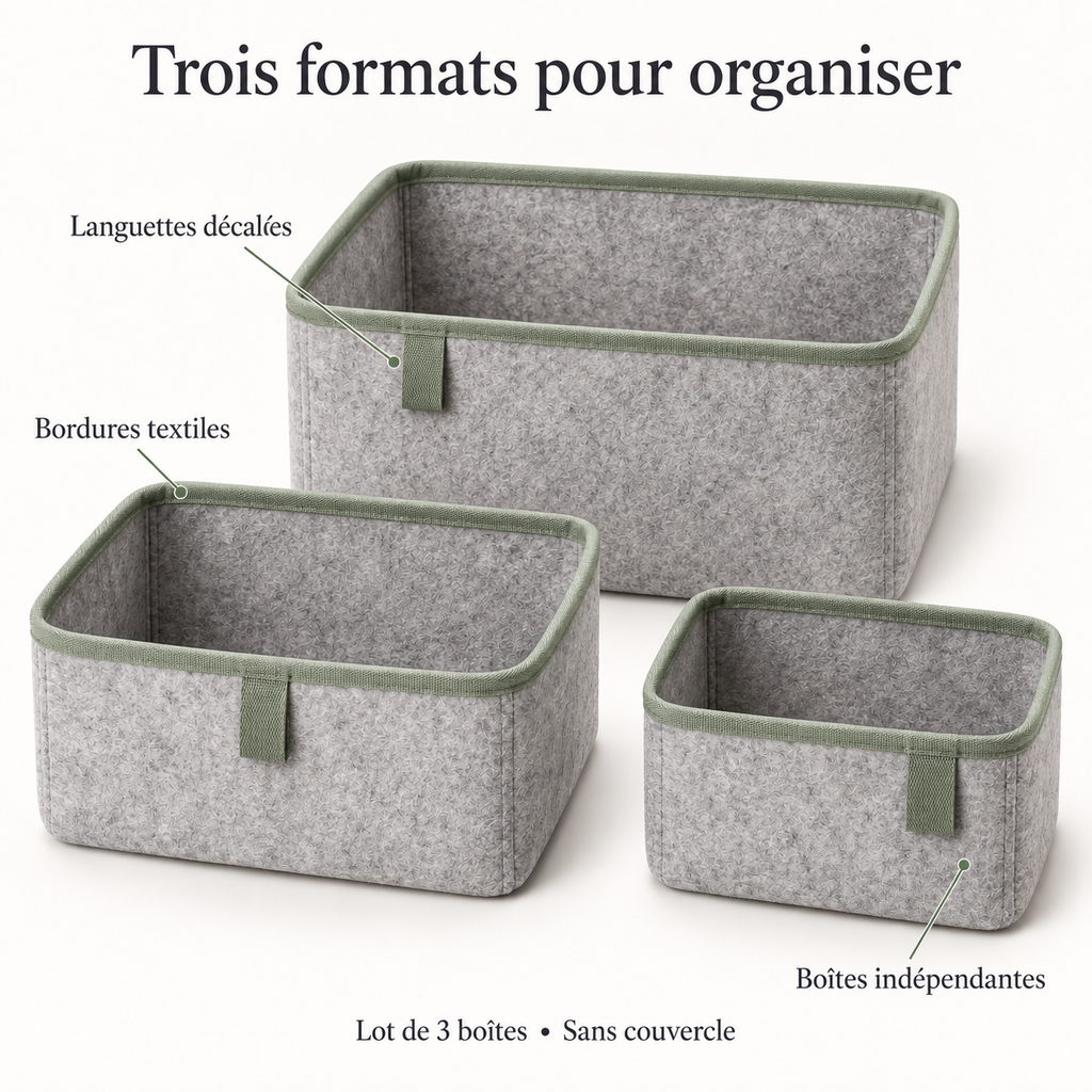 Lot de 3 boîtes de rangement en feutre à languettes décalées, gris et sauge