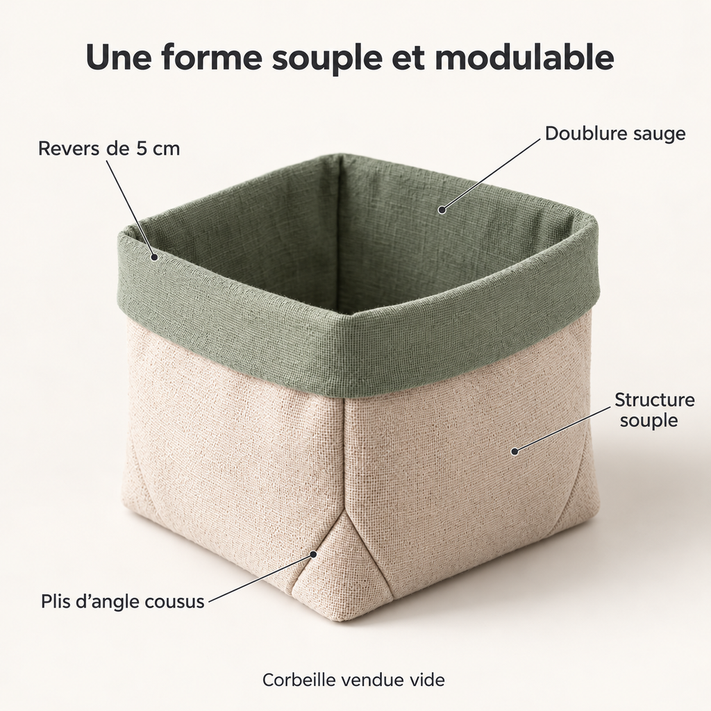 Corbeille souple en coton à coins pliés et revers contrasté, beige et sauge