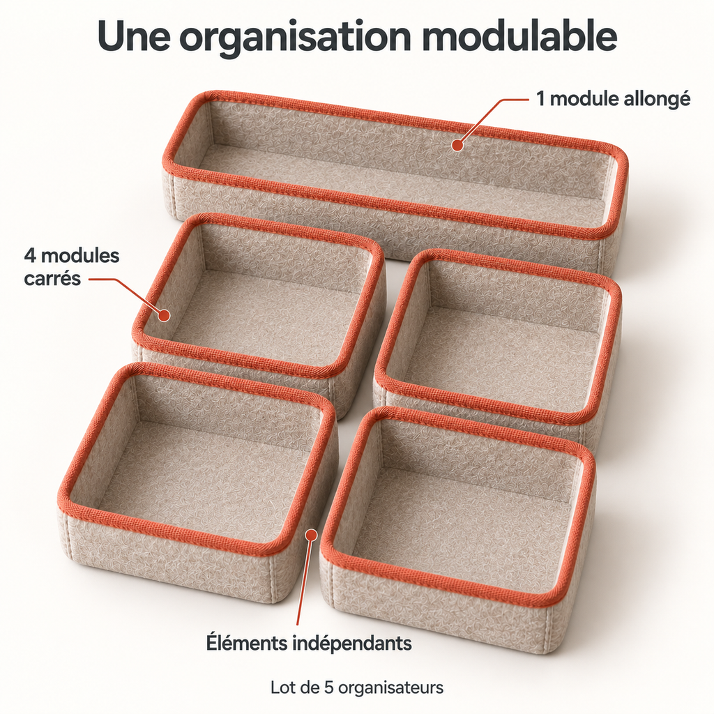 Lot de 5 organisateurs de tiroir en feutre, beige à bordure terracotta