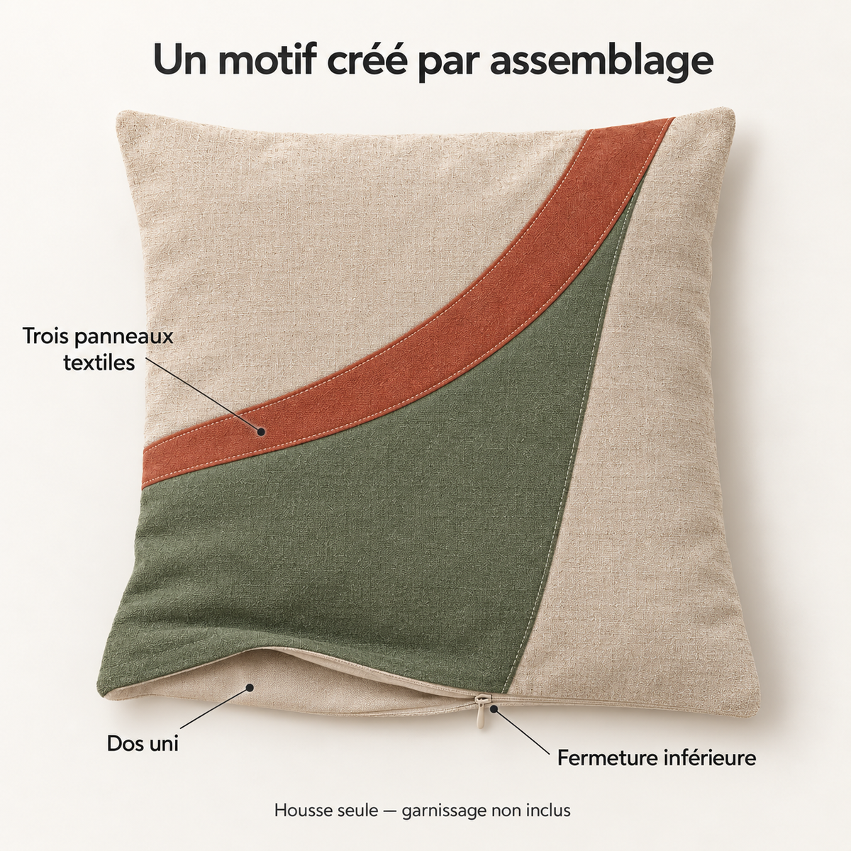 Housse de coussin à empiècement courbe, beige, sauge et terracotta — 45 × 45 cm