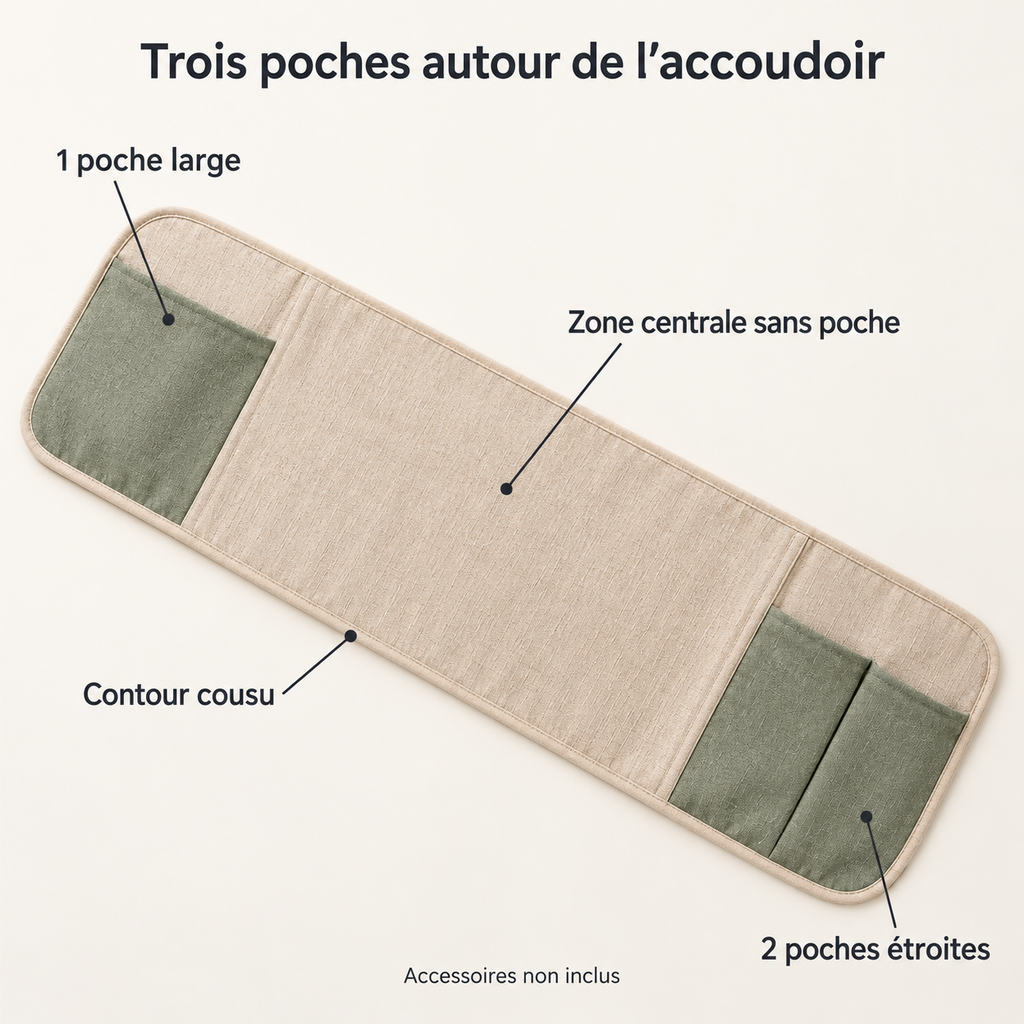 Rangement textile à poser sur accoudoir, trois poches, beige et sauge — 85 × 35 cm