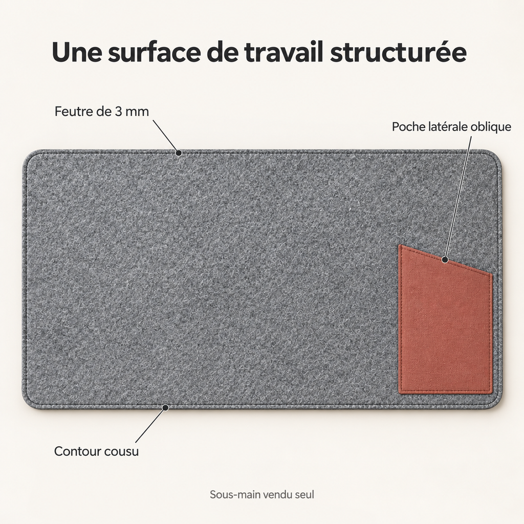 Sous-main en feutre avec poche latérale oblique, gris et terracotta — 75 × 40 cm