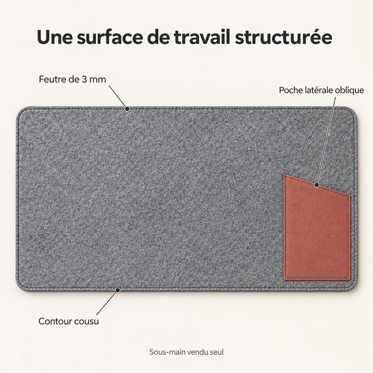 Sous-main en feutre avec poche latérale oblique, gris et terracotta — 75 × 40 cm