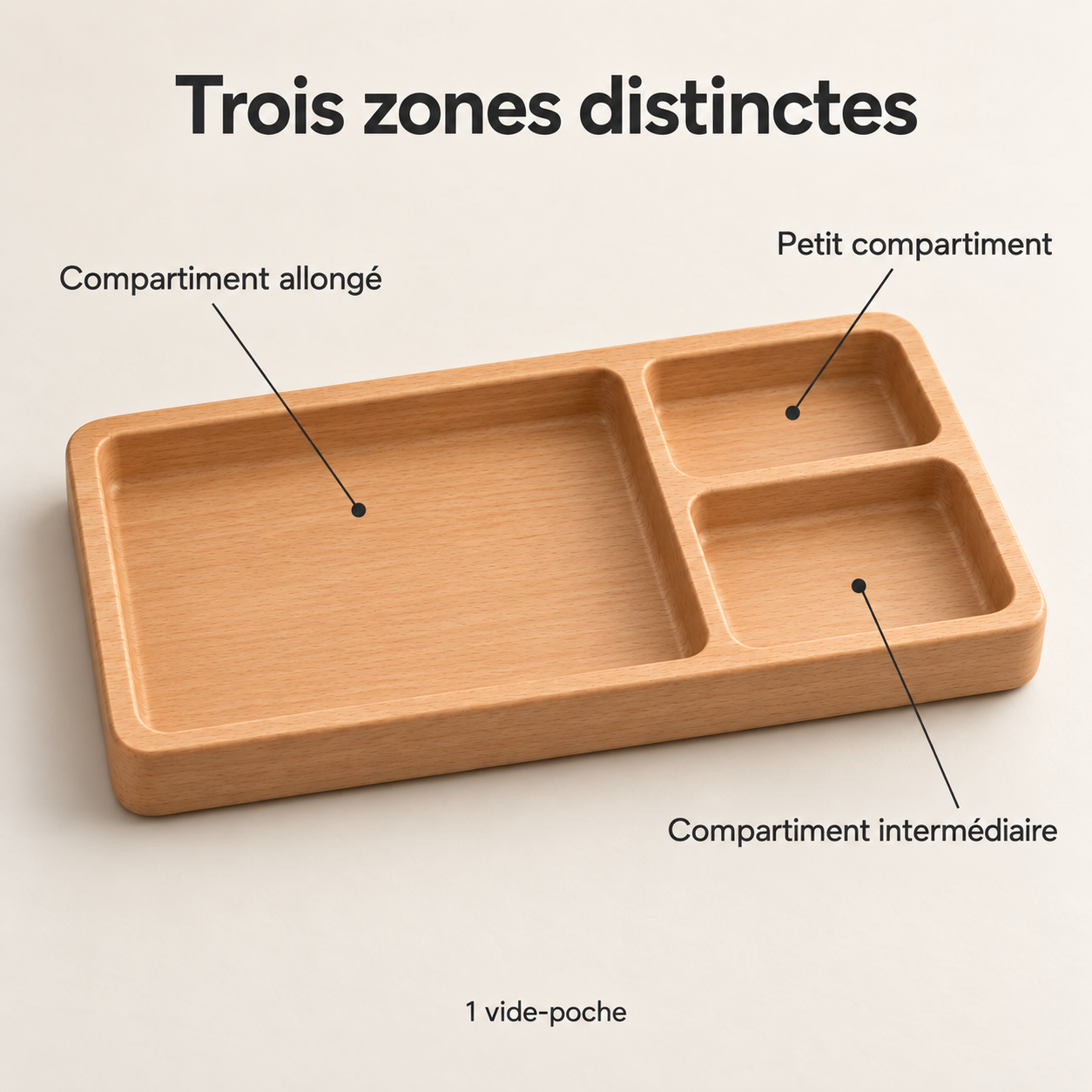 Vide-poche de bureau en bois à trois compartiments inégaux — 30 × 16 cm
