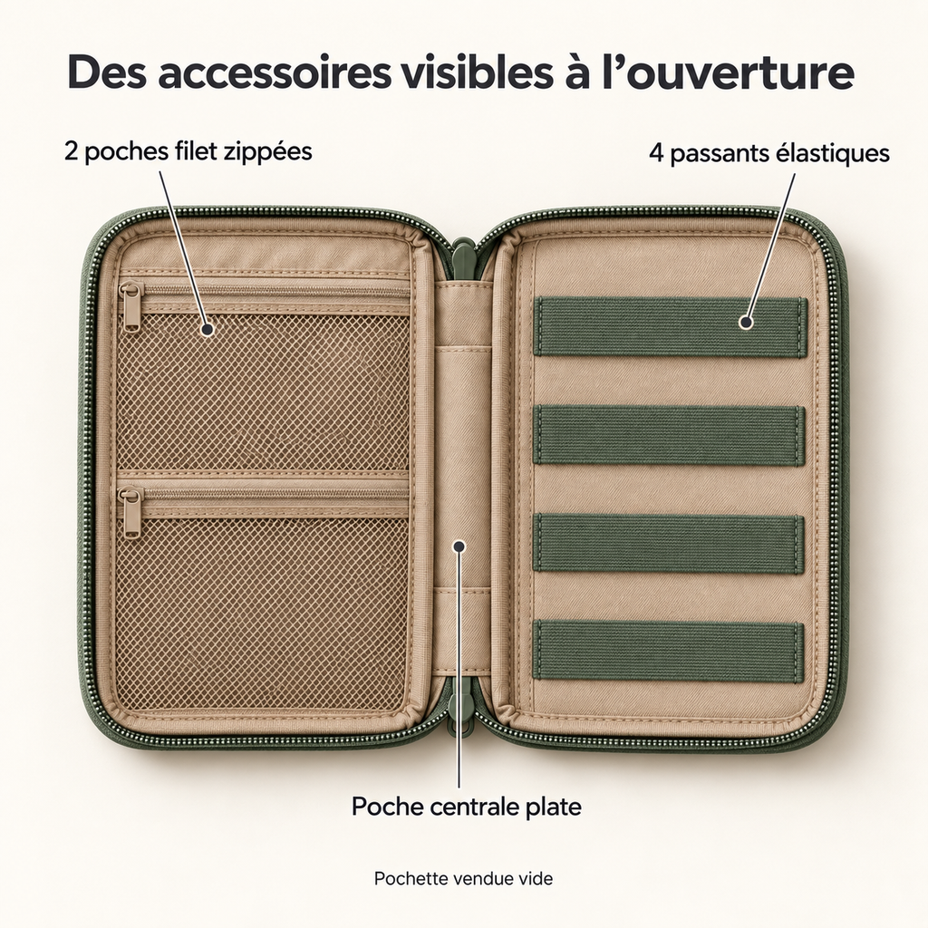 Pochette de rangement à ouverture portefeuille pour câbles et accessoires, sauge