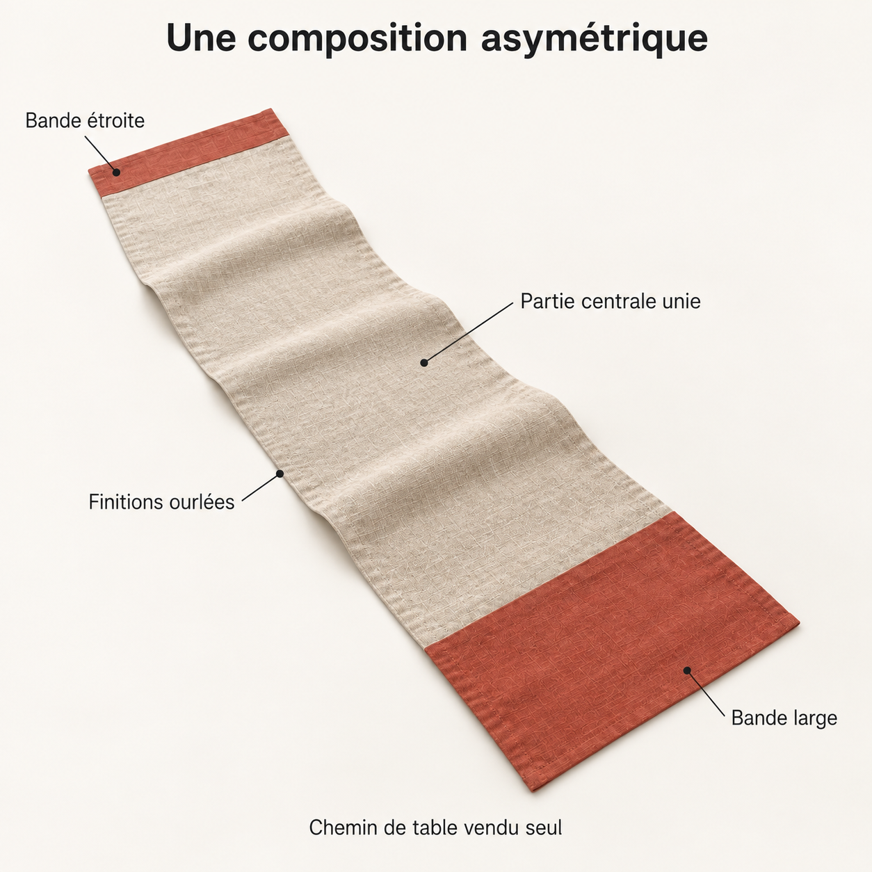 Chemin de table en coton à bandes asymétriques, beige et terracotta — 160 × 35 cm