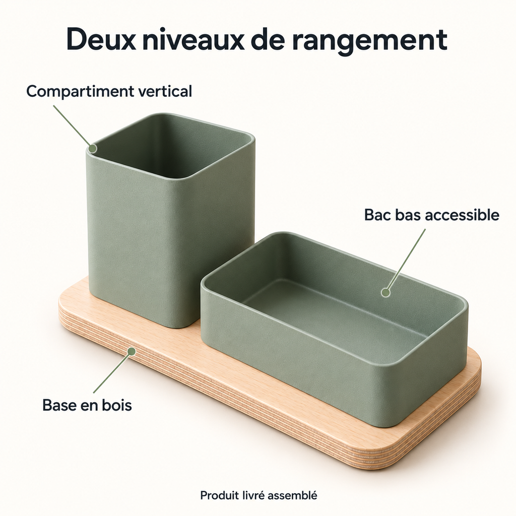 Organiseur de bureau à deux compartiments décalés, bois et métal sauge