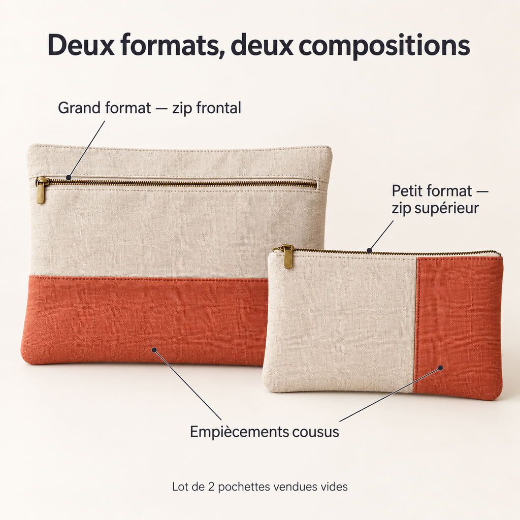Lot de 2 pochettes textiles à ouvertures distinctes, beige et terracotta