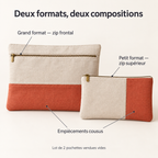 Lot de 2 pochettes textiles à ouvertures distinctes, beige et terracotta