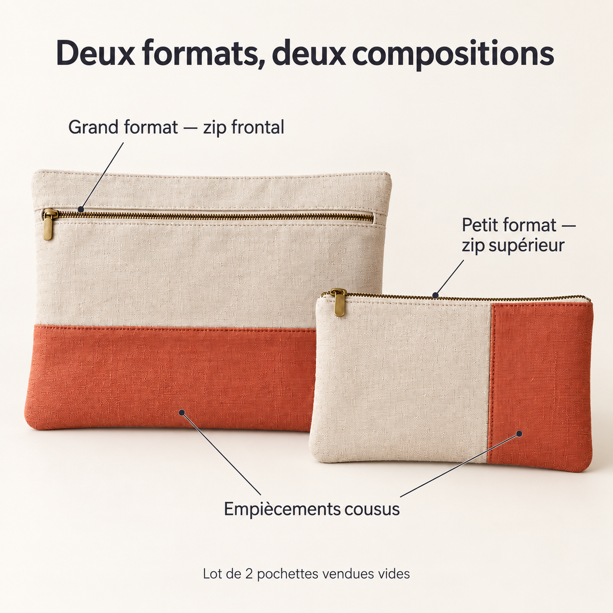 Lot de 2 pochettes textiles à ouvertures distinctes, beige et terracotta