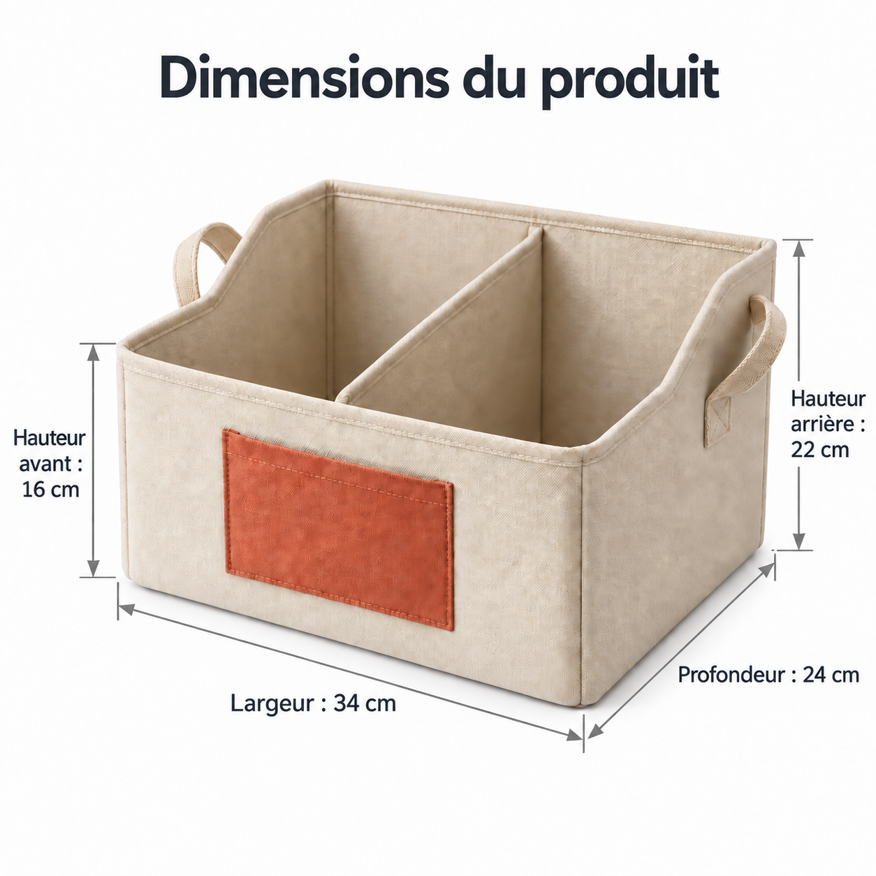 Panier de rangement à séparation amovible, beige et terracotta — 34 × 24 × 22 cm
