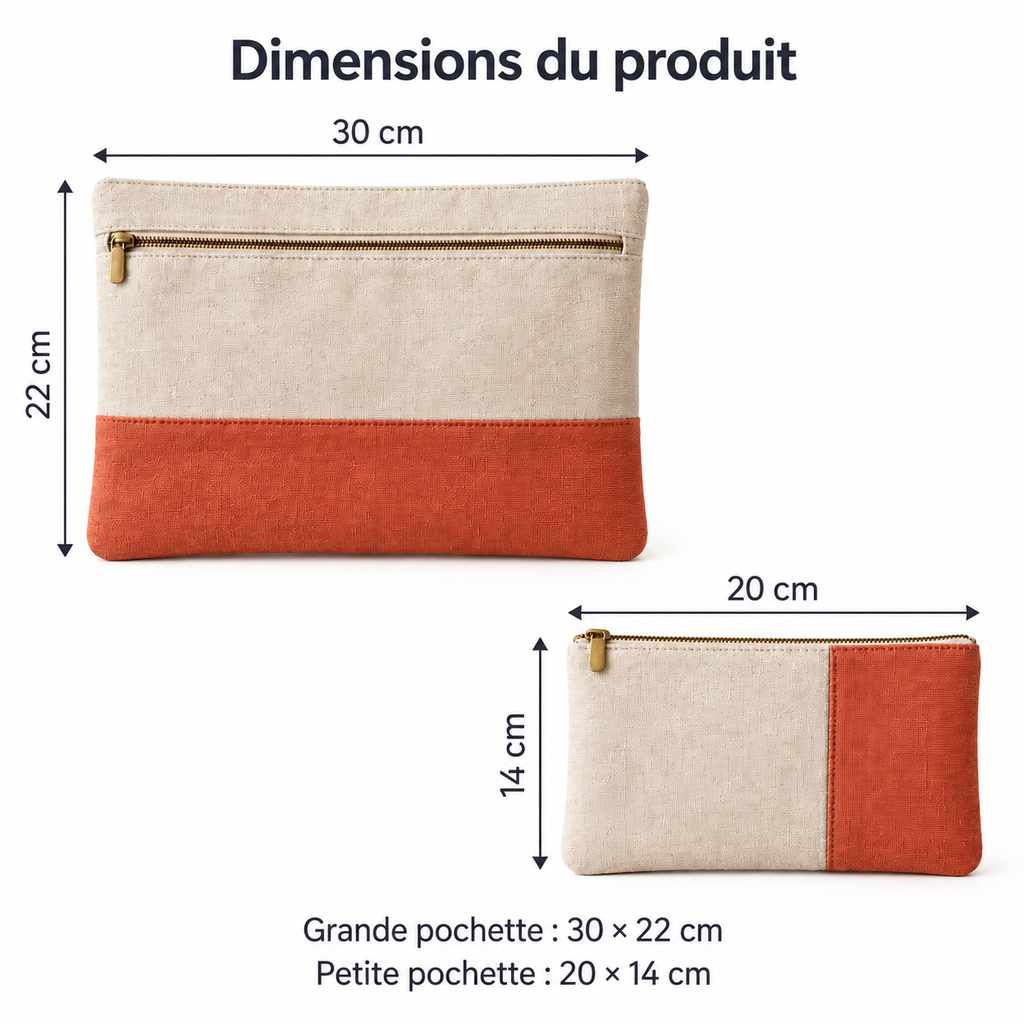 Lot de 2 pochettes textiles à ouvertures distinctes, beige et terracotta