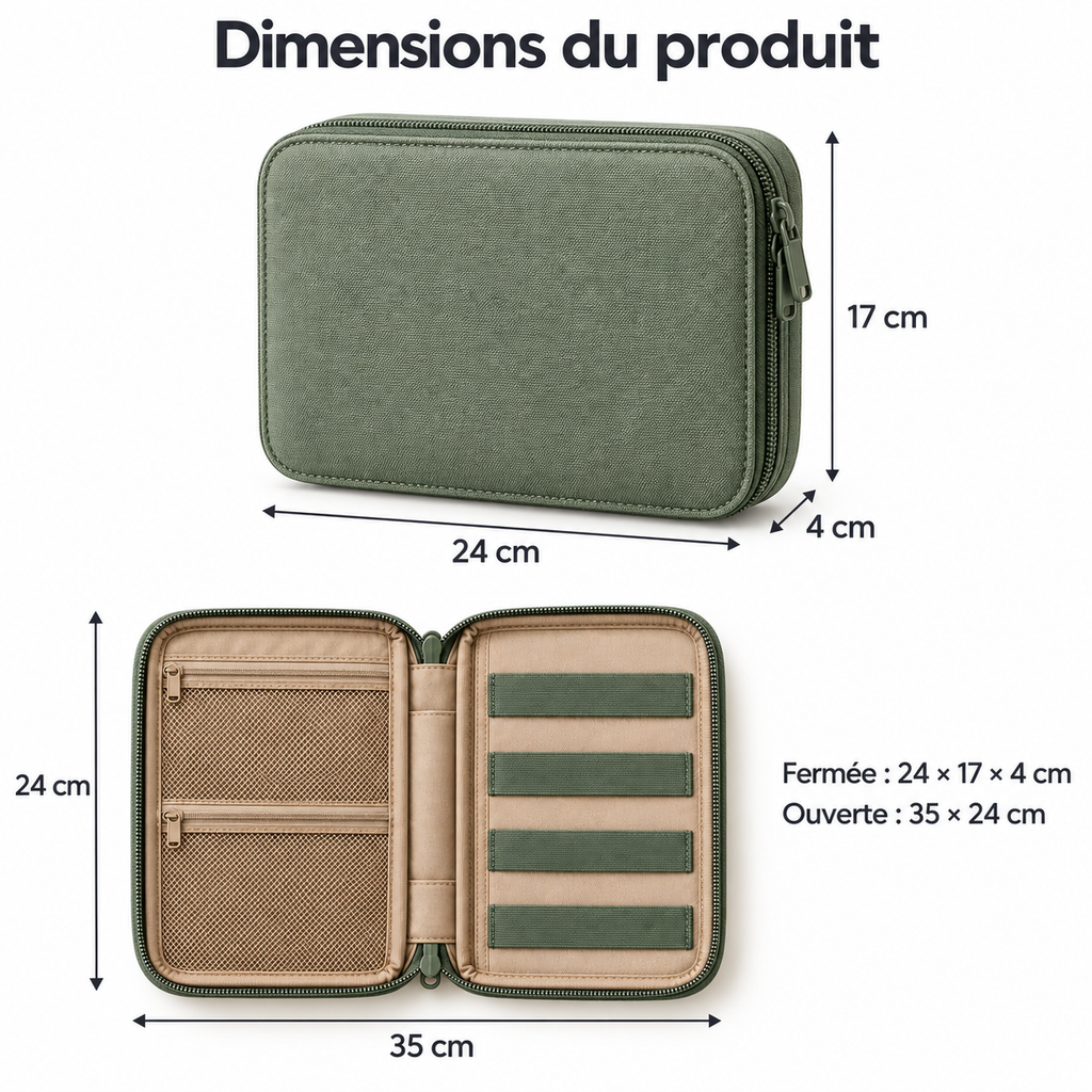 Pochette de rangement à ouverture portefeuille pour câbles et accessoires, sauge