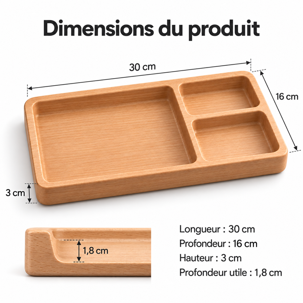 Vide-poche de bureau en bois à trois compartiments inégaux — 30 × 16 cm