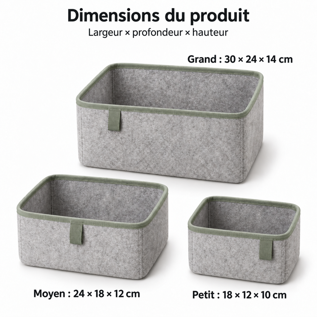 Lot de 3 boîtes de rangement en feutre à languettes décalées, gris et sauge