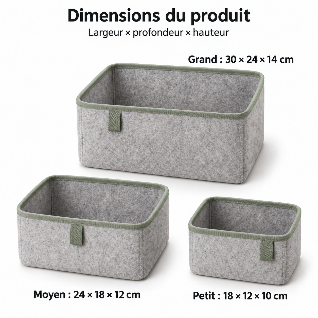 Lot de 3 boîtes de rangement en feutre à languettes décalées, gris et sauge